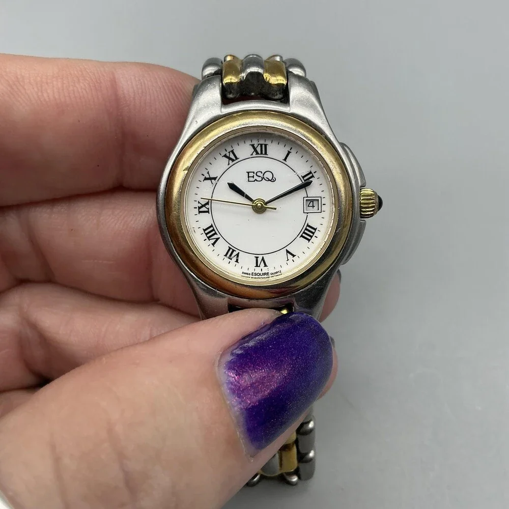 ESQ Womens Watch 26mm Gold Silver Tone Stainless Date Swiss New Battery 5.75